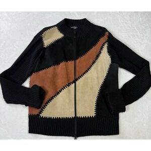 Y2K Sweater Jacket Festival Patchwork Suede Knit Boho Chic Retro 70s Groovy M
